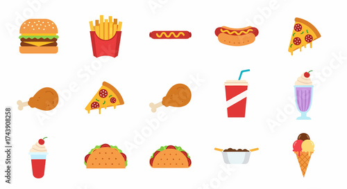A colorful collection of flat design fast food icons including a burger, fries, pizza, and hot dog.