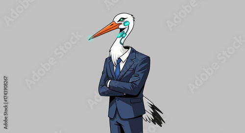 A stork-headed figure in a business suit with robotic augmentations and arms crossed