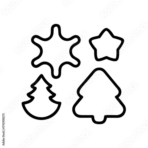 Christmas cookie cutter shapes in outline of tree, star, and snowflake  