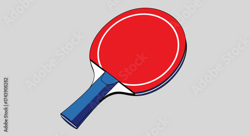 A vector-styled table tennis paddle with a red head and blue handle, angled on a gray background