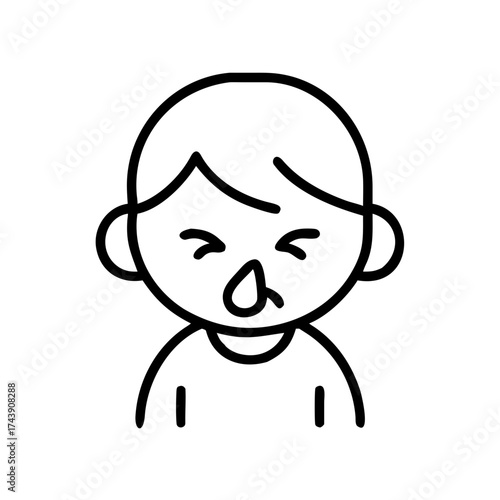 Child with runny nose showing discomfort in simple line art  