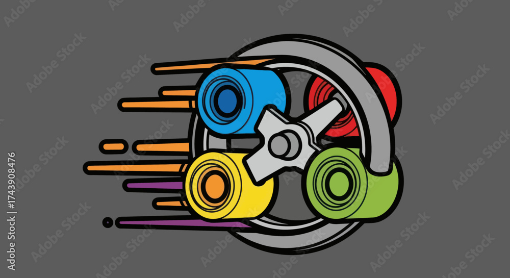 Fototapeta premium Colorful, stylized gear components with motion lines, abstract design on a gray background