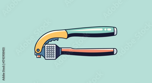 A stylized illustration of a garlic press, with colorful handles and a grid-like crushing surface
