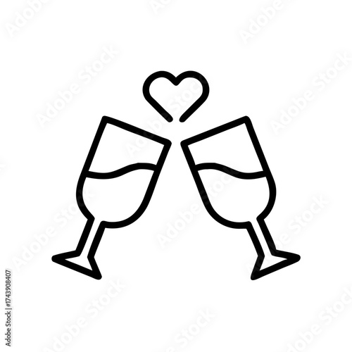 Two wine glasses clinking with heart symbol above them  