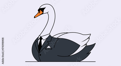 An illustration of a swan wearing a suit and tie with sunglasses, in cartoon style