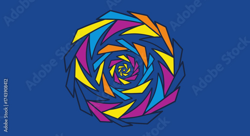 A colorful spiral design in vibrant hues against a deep blue background