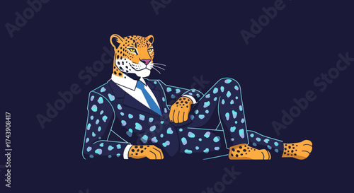 A relaxed cheetah in a patterned suit, seated on a gradient blue background