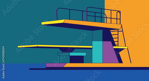 Abstract illustration of a diving board at a pool with bold colors and geometric shapes