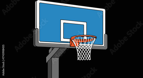 A stylized basketball hoop with a blue backboard, orange rim, white net, and gray pole