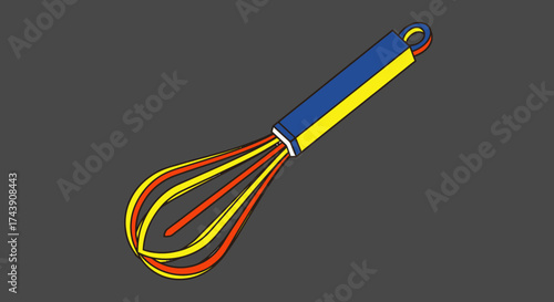 A vector illustration of a whisk with blue and yellow handle and red, orange, and yellow wires, on a gray background