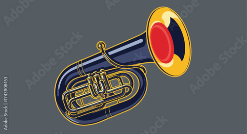 Digital illustration of a tuba with navy blue, gold, and red accents against a grey background