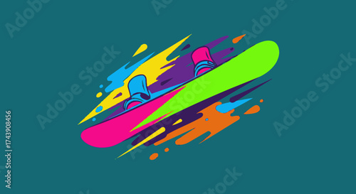 A vibrant, graphic illustration of a snowboard with bindings surrounded by colorful streaks