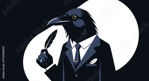 A corvid, elegantly dressed in a suit, holds a quill.  A bright orb accents a stark black and white backdrop