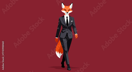 Pixel art illustration of a fox wearing a suit, walking toward the viewer on a burgundy background