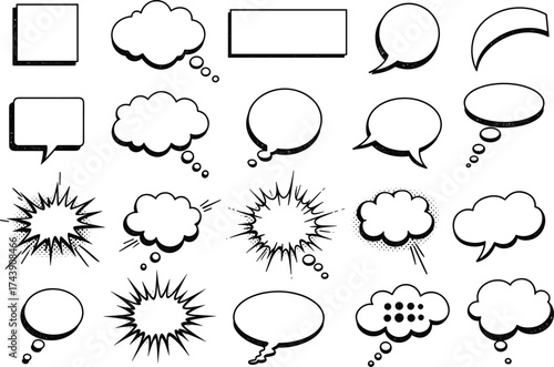 Comic speech bubbles, thought cloud icons, vector cartoon frames, blank dialogue shapes, graphic novel elements, pop art style, editable comic templates, outline bubble collection