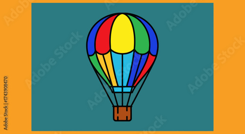 A colorful hot air balloon with multiple panels and a brown basket on a teal background within a frame