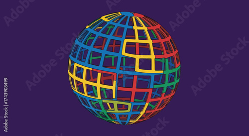 A colorful, geometric sphere composed of interlocking frames against a deep purple background