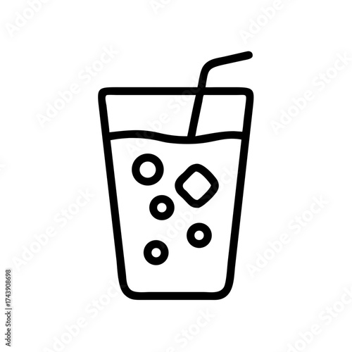 Outline of refreshing drink in glass with straw and ice cubes  