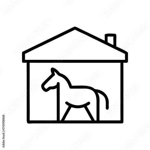 Horse standing inside a barn outlined in minimalist style  