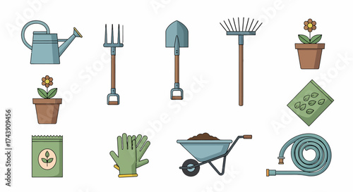 Colorful Gardening Tools and Supplies Collection for Planting and Cultivating.