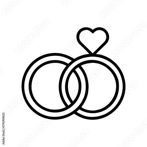 Two wedding rings intertwined with a heart symbol above them  