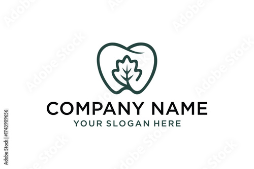 Natural Dental Care Logo with Green Oak Leaf inside Tooth Outline Icon