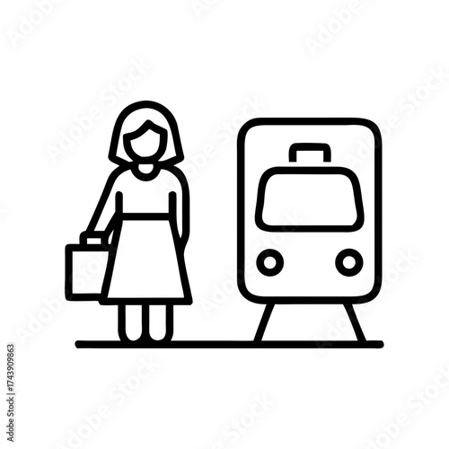 Woman waiting at train station holding a briefcase in minimalist style  