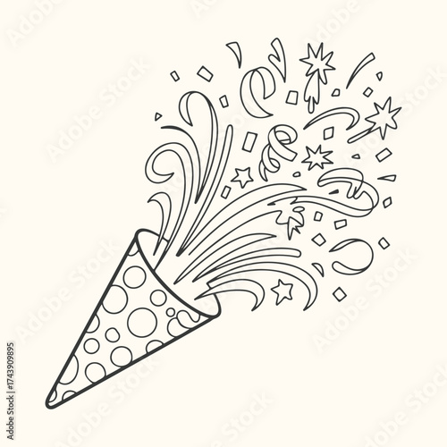 Vector art of a festive party popper exploding with confetti, streamers, and stars, isolated on a light cream background, perfect for celebrations and holidays