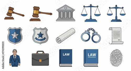 Collection of Legal and Justice Icons Representing Law and Order.