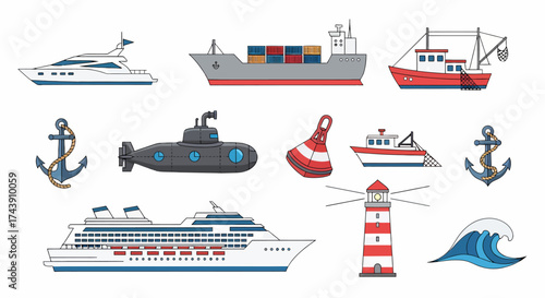 Collection of Various Watercraft Vessels: Yacht Cargo Ship Fishing Boat Submarine Cruise Ship and Lighthouse.