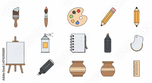 A colorful collection of hand-drawn art supplies and creative tools for painting and drawing.