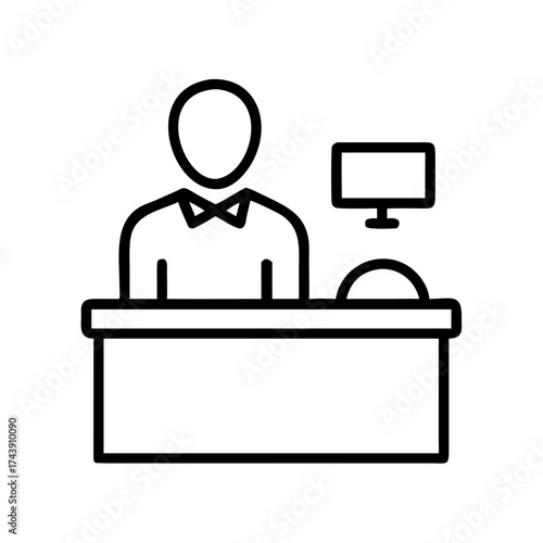 Man at hotel reception desk with computer and blank background  