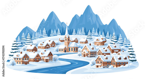 Charming winter wonderland scene with snow-covered village nestled among mountains and trees, creating a serene and peaceful holiday atmosphere