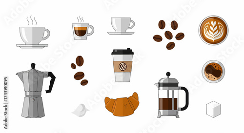 Assortment of Coffee Cups Beans and Brewing Equipment.