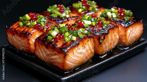 Delicious Grilled Salmon with Red Caviar and Green Onions