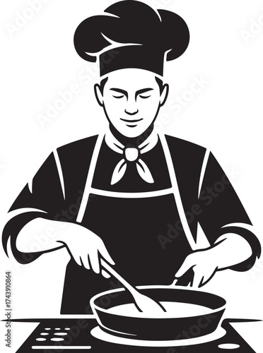 Chef stirring ingredients in pan on stove cooking