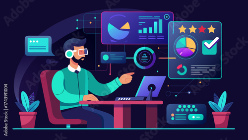 Man working with data analysis and virtual reality set