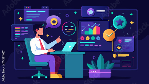 Man working at desk with laptop and data visualizations