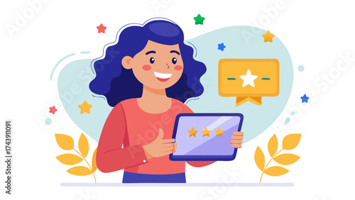 Woman holding tablet with star rating and badge icon