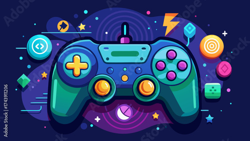 Stylized game controller with cosmic background elements