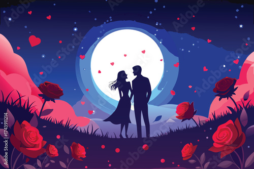 A silhouette couple sharing a romantic kiss under the moon and stars in the night sky illustration vector for valentine love romance