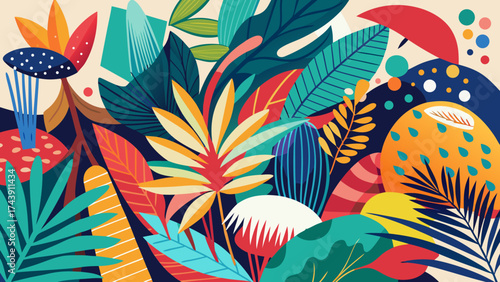 Colorful abstract jungle foliage and floral elements