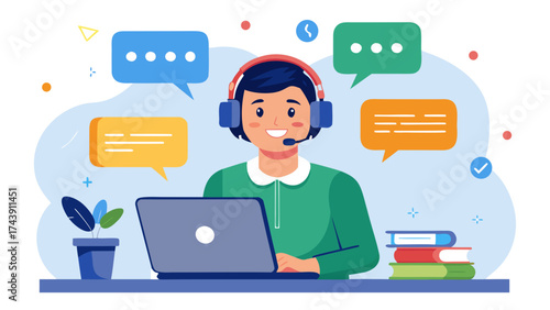 Customer service representative with laptop and headset