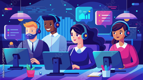Diverse team working at computers with headsets on