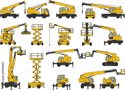 Construction equipment icons, mobile crane, boom lift, scissor lift, crawler crane, vertical mast, truck-mounted crane, yellow machinery, side view, industrial vector, lifting tools