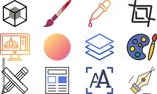 A collection of art tools and design elements for creativity and illustration