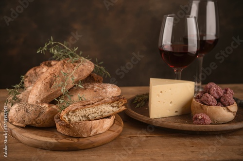 Fototapeta Naklejka Na Ścianę i Meble -  Glasses of wine accompanied by bread, sausage, and cheese