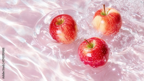 Ripe red apples suspended underwater, casting soft pink reflections revealing freshness and natural beauty