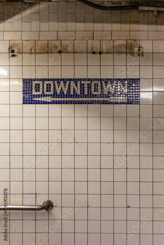 Photography Downtown Subway Station Sign on Tile Wall