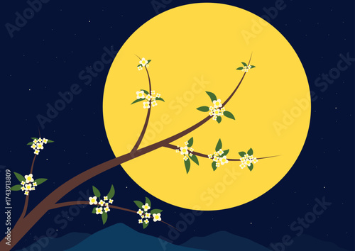Osmanthus Branch with Blooming Flowers Against Full Moon, Mountains and Starry Night Sky